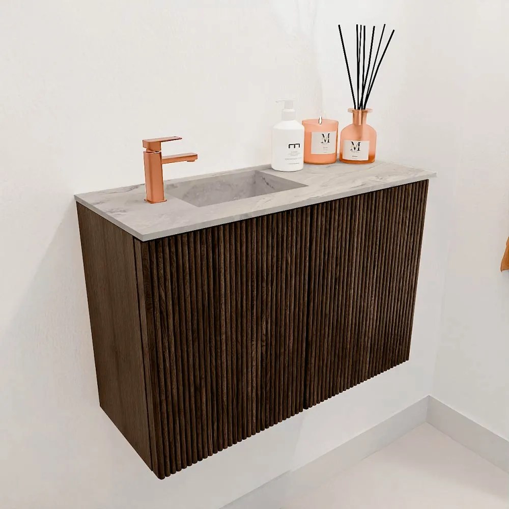 Mondiaz Joya DLux 60cm toiletmeubel walnut met wastafel faye links 1 kraangat glace
