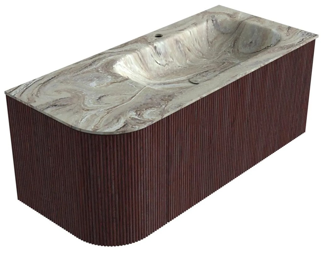 Mondiaz Kurve-dlux 105cm badmeubel ronding links ruby met 1 lade en deur en wastafel big small kraangat rechts glace