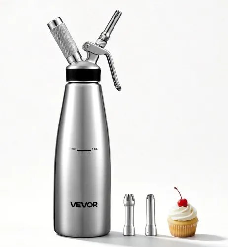 VEVOR Slagroomdispenser Set 1 L Roestvrijstalen Slagroommaker met 3 Decoratiemondstukken, voor Hobbybakkers en Cafés, Alleen voor N₂O-capsules (apart verkrijgbaar), Slagroom in 60 seconden, Inclusief 3 mondstukken en reinigingsborstel.