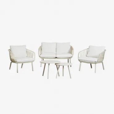 Tuinset Met 2-zitsbank, 2 Fauteuils En 2 Salontafels Van Staal En Polypropyleen Aradina Beige – Linnen - Sklum