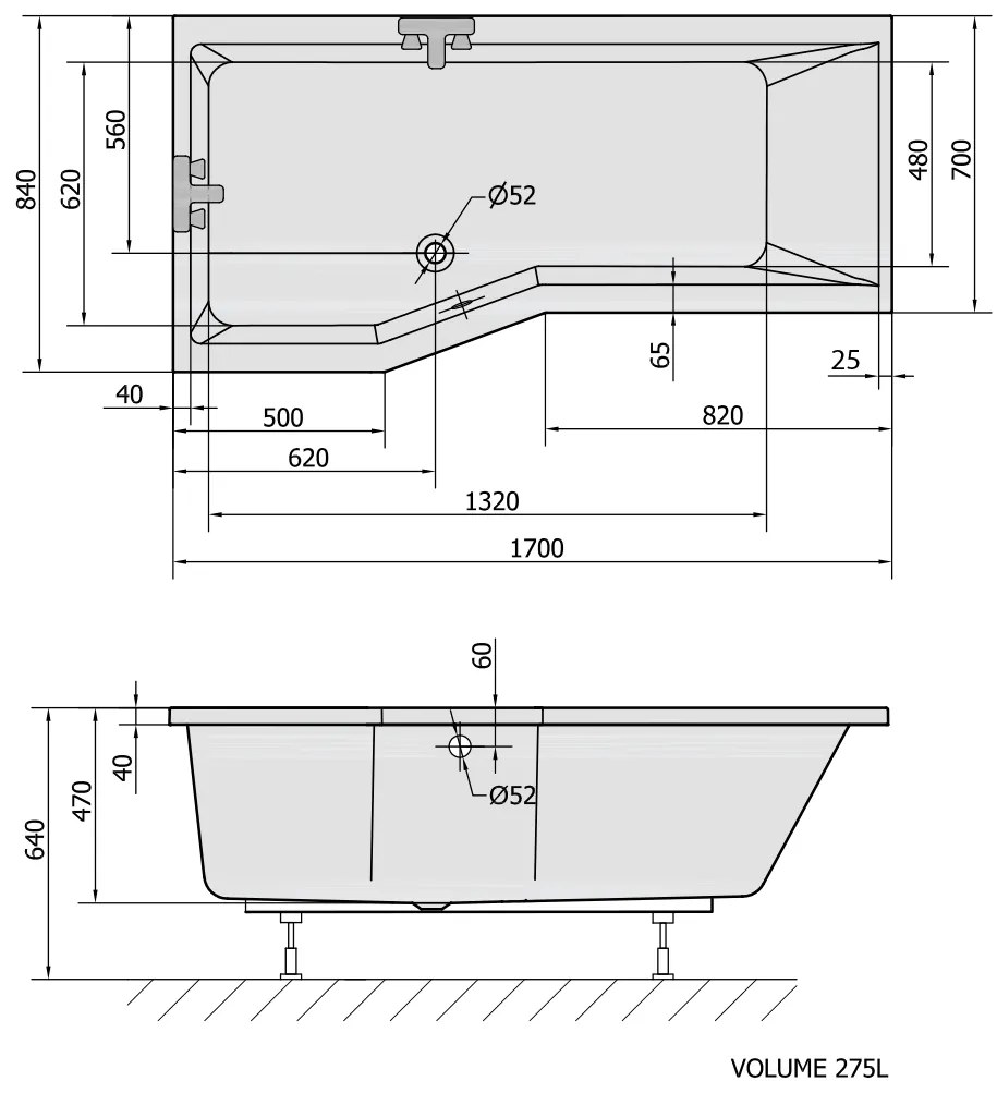 Polysan Versys asymmetrisch bad links 170x84x47cm wit