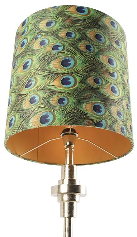 Art Deco tafellamp goud velours kap pauw dessin 40 cm - Diverso Art Deco E27 cilinder / rond Binnenverlichting Lamp
