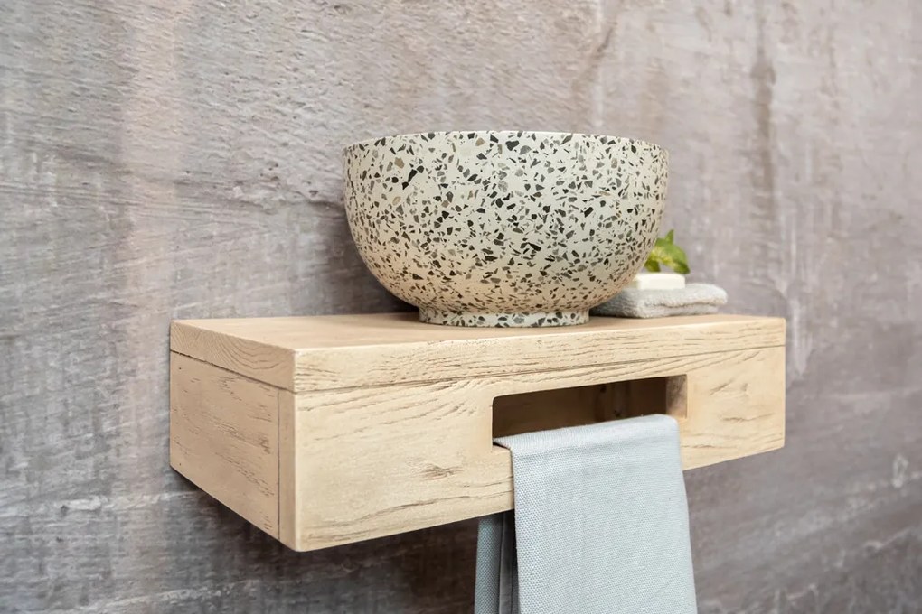 Saniclear Seba fontein met eiken plank en zwart-witte terrazzo waskom voor in het toilet