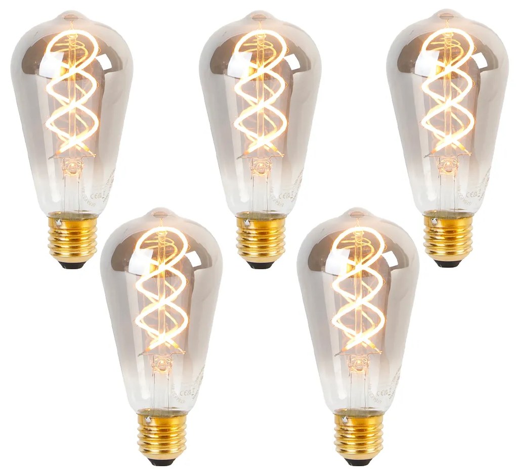 Set van 5 E27 dimbare LED gedraaid filament lamp ST64 smoke 120 lm 1800K