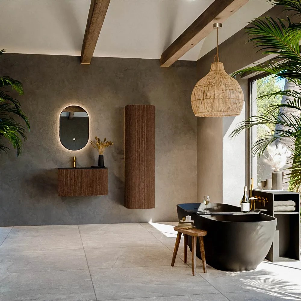 Mondiaz Kurve 75cm badmeubel ronding rechts walnut met 1 lade en deur en wastafel grunne kraangat links urban