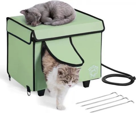 VEVOR Kattenhuis 42x33x39 cm, Kattenhuis 18 W, Kattenhol, Kattenverblijf gemaakt van 900D Oxford-stof met verwarmd kussen, temperatuurverhoging tot 20 °C, voor de winter, groen (klein)