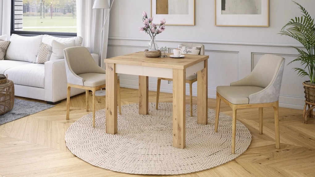 FONTE Eikenhout Artisan / beige - KLASSIEKE KEUKEN- /WOONKAMERTAFEL 85x75 UITKLAPBAAR TOT 130 cm!