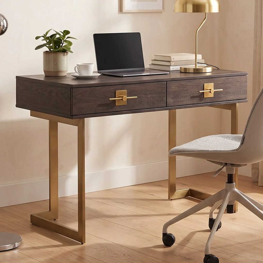 Bureau Donker Hout Met Messing - 138 X 60cm.