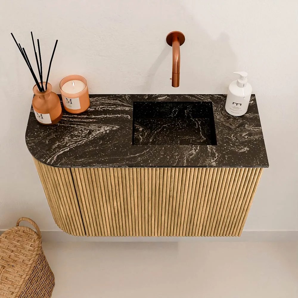 Mondiaz Joya DLux 60cm toiletmeubel ronding links oak met wastafel faye rechts zonder kraangat lava