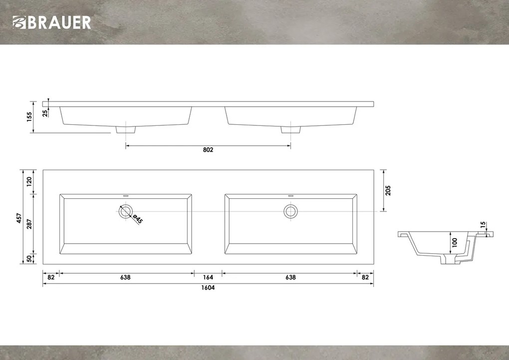 Brauer Solar Slim dubbele wastafel mineraalmarmer 160cm zonder kraangaten wit glans