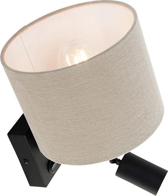 Wandlamp zwart met leeslamp en kap 18 cm lichtbruin - Brescia