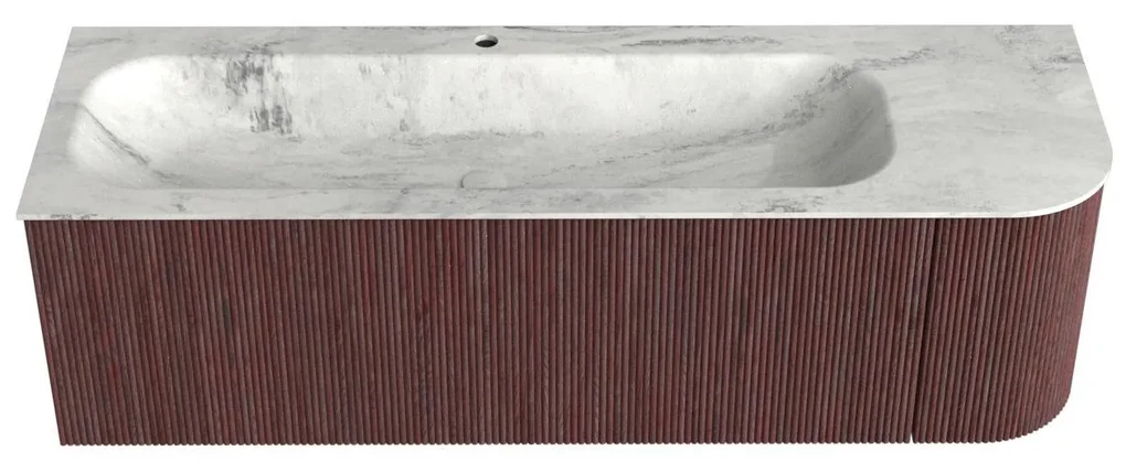 Mondiaz Kurve-dlux 145cm badmeubel ronding rechts ruby met 1 lade en deur en wastafel big large kraangat links opalo