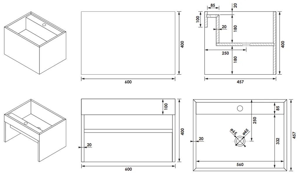 Brauer Cube wastafel 60cm wit met 1 kraangat