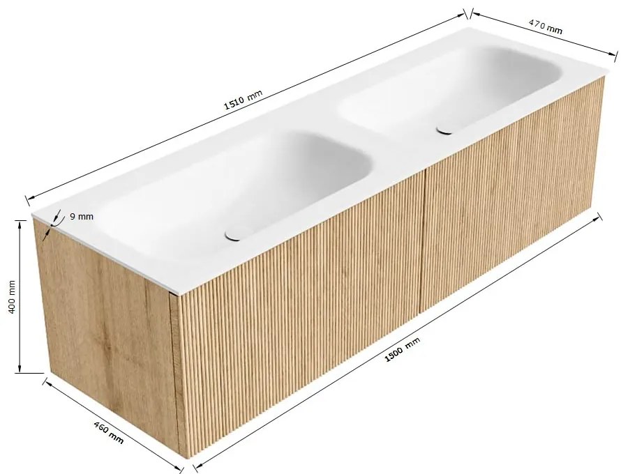 Mondiaz Kurve 150cm badmeubel walnut met 2 lades en wastafel big small dubbel zonder kraangat