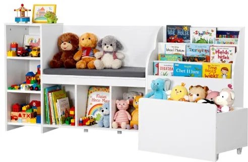 VEVOR Kinderplank met bankje, rugleuning, boekenplank en speelgoedorganizer, speelgoedkist/opbergkast voor speelkamer, woonkamer of hal, 170 x 40 x 80 cm, wit