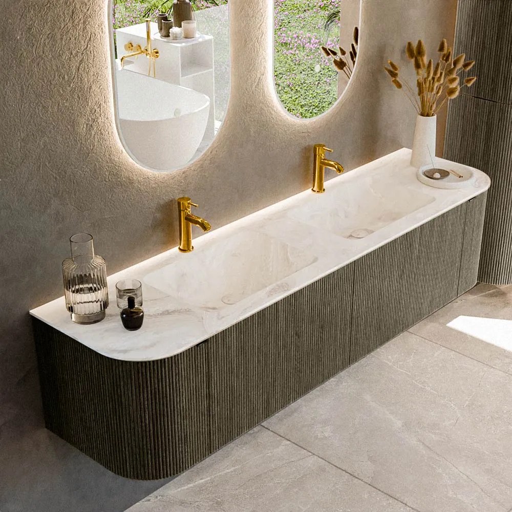 Mondiaz Kurve-dlux 180cm badmeubel ronding links/rechts shadow met 2 lades en deuren en wastafel leaf dubbel 2 kraangaten frappe