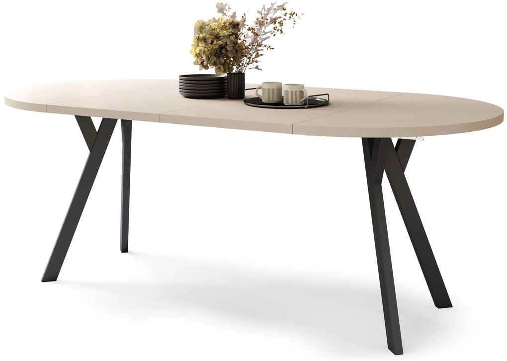 ALDO 100 Beige/Zwarte poten - RONDE LOFT/INDUSTRIËLE TAFEL VOOR WOONKAMER/EETKAMER, UITSCHUIFBAAR
