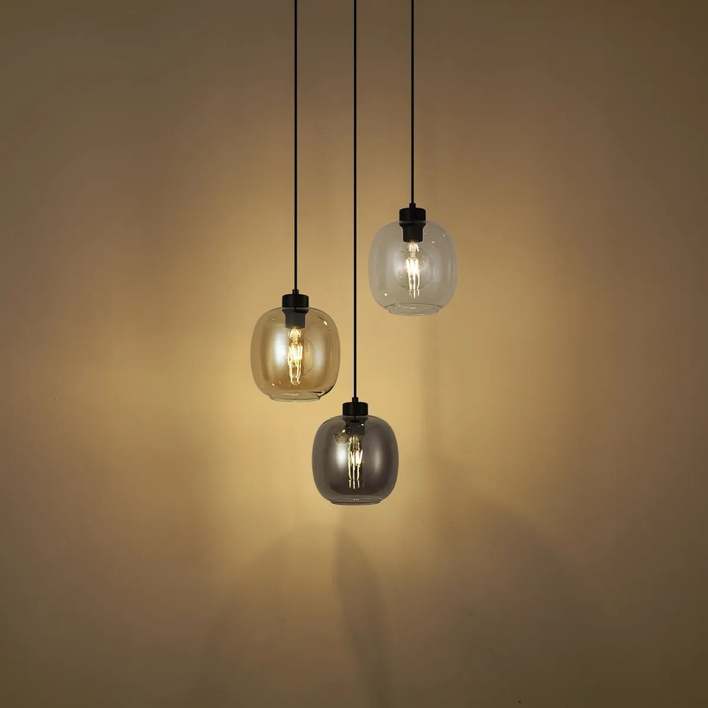 Hanglamp zwart met amber en smoke en helder glas 3-lichts - Elena