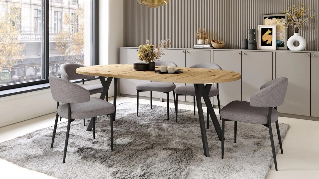 ALMO 100 Eiken Artisan/Zwarte poten - RONDE LOFT/INDUSTRIËLE TAFEL VOOR WOONKAMER/EETKAMER, UITSCHUIFBAAR