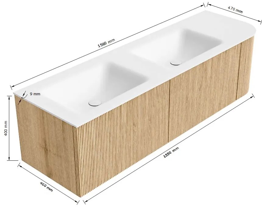 Mondiaz Kurve 155cm badmeubel ronding rechts oak met 2 lades en 1 deur en wastafel cloud dubbel/links 2 kraangaten