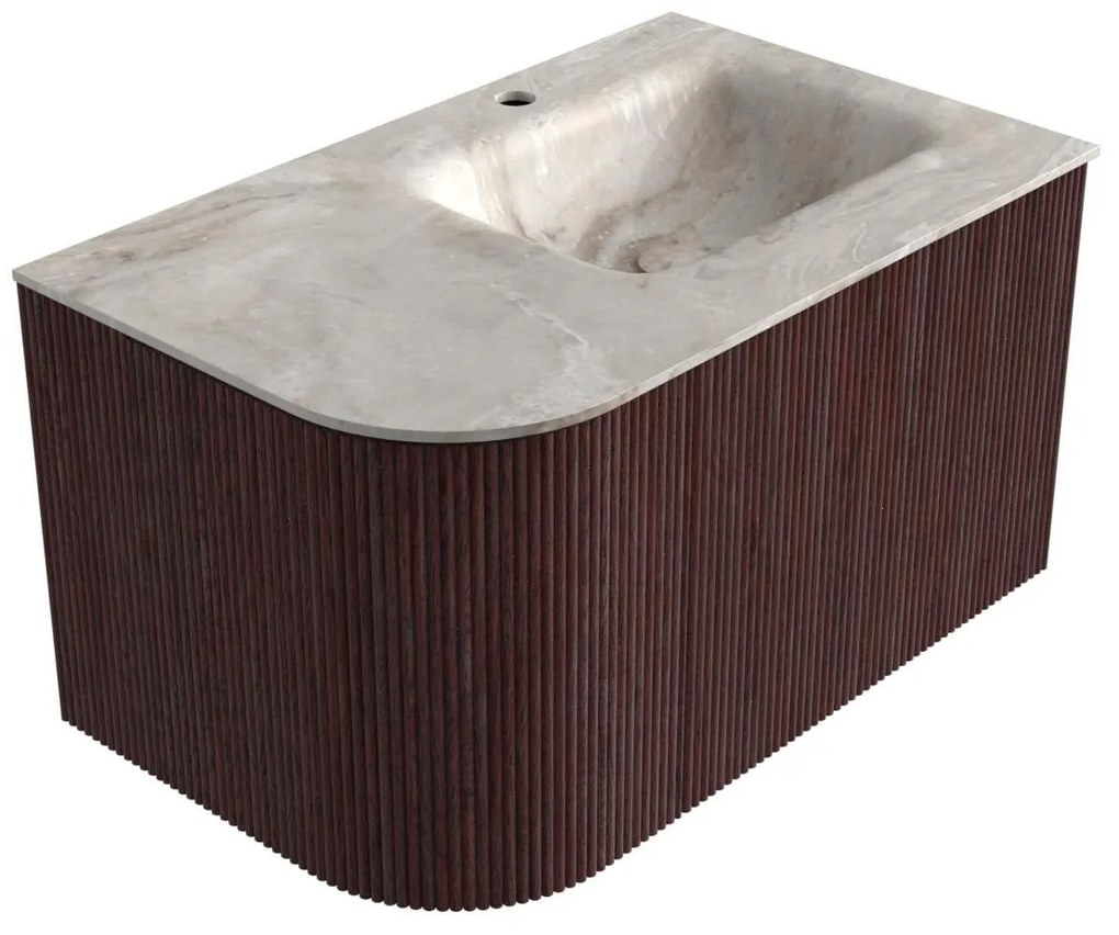 Mondiaz Kurve-dlux 75cm badmeubel ronding links ruby met 1 lade en deur en wastafel grunne kraangat rechts frappe