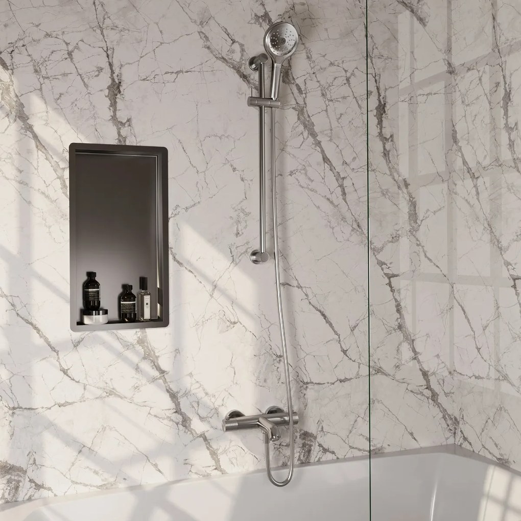 Brauer Brushed Carving thermostatische badkraan met glijstang en 3 standen handdouche RVS geborsteld PVD