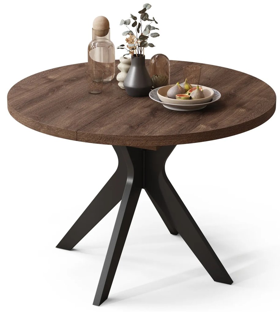 RENZO Bruin Eiken/zwarte poot - RONDE TAFEL Ø110 UITKLAPBAAR TOT 180 cm | VOOR DE KEUKEN EETKAMER WOONKAMER RETRO