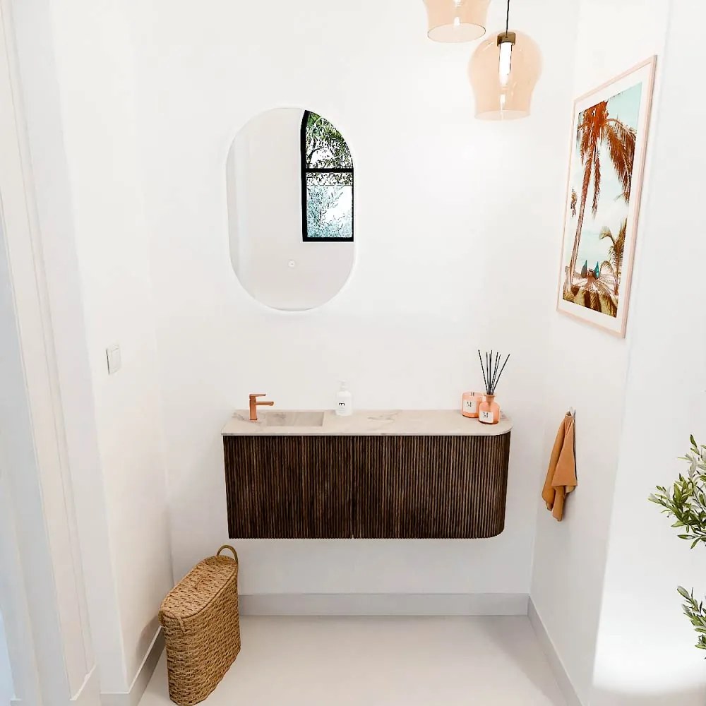 Mondiaz Joya DLux 100cm toiletmeubel ronding rechts walnut met wastafel faye links 1 kraangat frappe