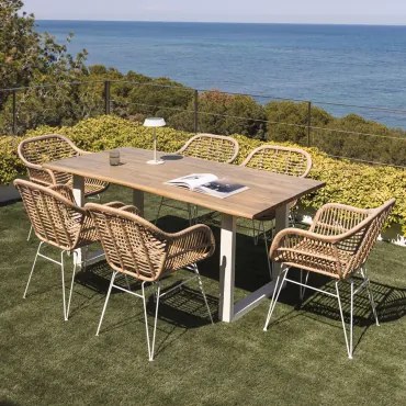Set Van Een Rechthoekige Tafel 180x90 Cm Van Acaciahout En Staal Maupi En 6 Tuinstoelen Van Synthetisch Riet Zole Gardenia Wit & Geen Kussen - Sklum