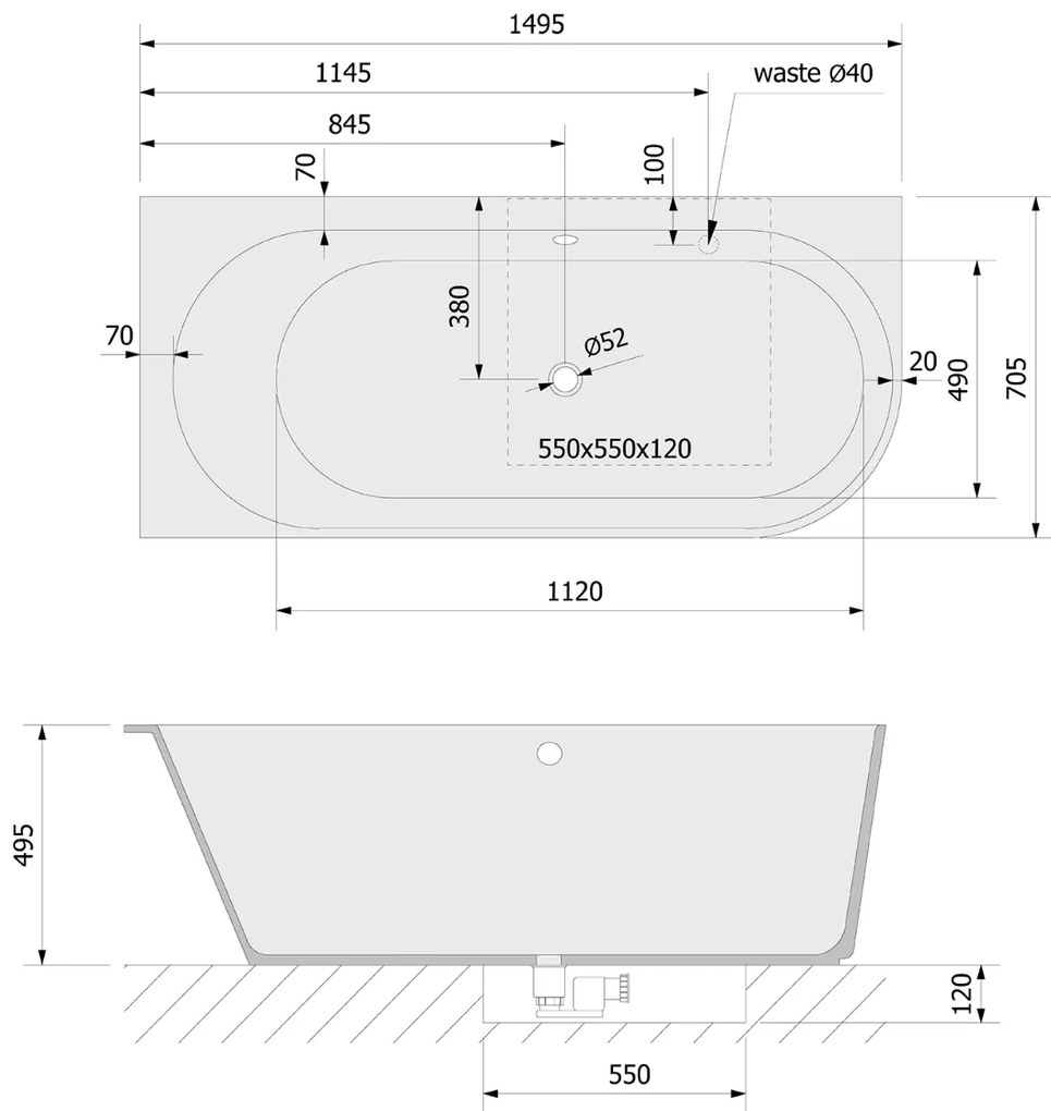 Polysan Sussi halfvrijstaand bad links mineraalmarmer 150x70cm wit