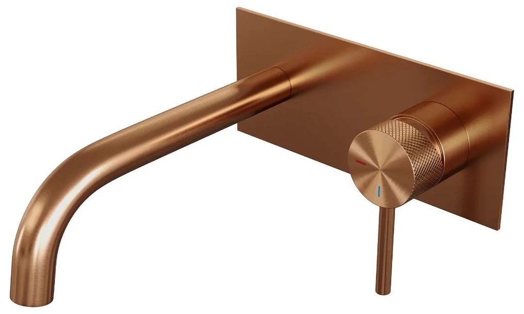 Brauer Copper Carving inbouw wastafelkraan plaat met gebogen uitloop, lange handgreep en ColdStart geborsteld koper PVD rechts