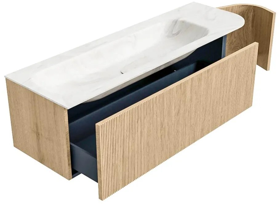 Mondiaz Kurve-dlux 145cm badmeubel ronding rechts oak met 1 lade en deur en wastafel big large kraangat links ostra