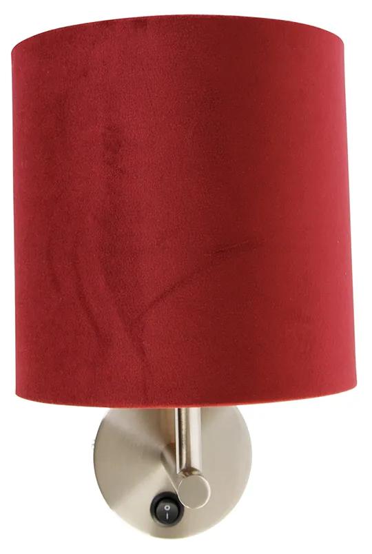 Strakke wandlamp staal met rode velours kap - Matt Modern E27 rond Binnenverlichting Lamp