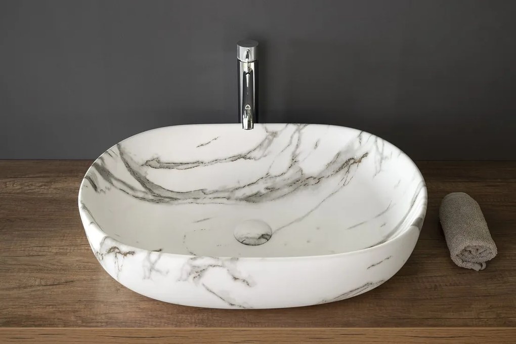 Sapho Rondane keramische waskom 60x42cm wit marmer
