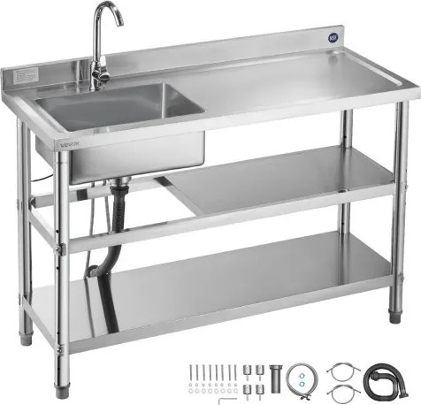 VEVOR RVS spoelbak (120 x 50 x 94 cm), enkele kom met kraan en 2 opbergvakken, keukenspoelbak voor garagerestaurant, buitenwasbak met werkblad (rechts)
