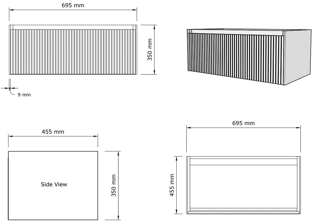 Gliss Design Timotheus badmeubel met ribbelfront 70cm charcoal met mat witte wastafel Lako