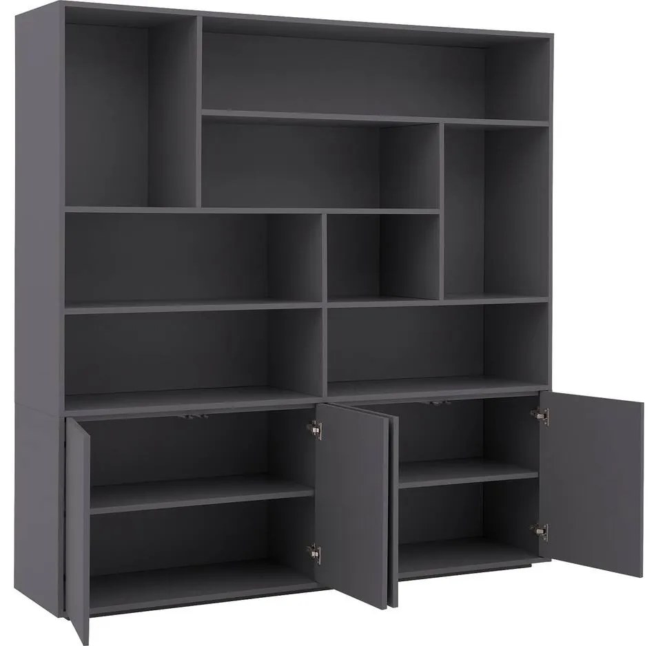 Goossens Basic Buffetkast Madrid, 4 dichte deuren 8 open vakken, donkergrijs melamine, 184 x 191 x 45 cm, elegant chic