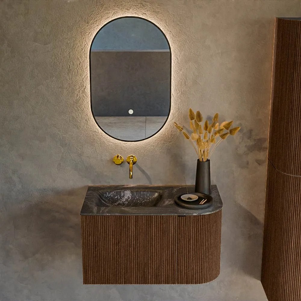Mondiaz Kurve-dlux 75cm badmeubel ronding rechts walnut met 1 lade en deur en wastafel grunne links zonder kraangat lava