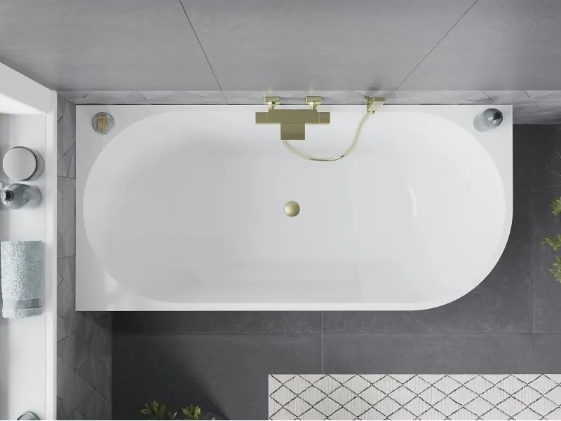 Mexen Mia vrijstaande hoekbadkuip links 160 x 75 cm, wit, overloop goud geborsteld - 52691607500L-55