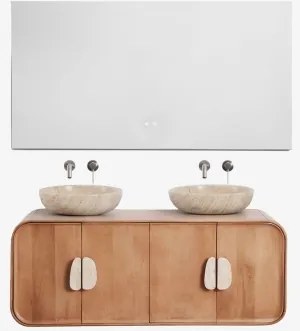 Dubbel Zwevend Badkamermeubelset 130x45 Cm Van Mangohout En Natuurlijke Kivalina-steen Rectangular Led And Antifog 140x75 Cm Riben & 2 X Geborsteld Gr