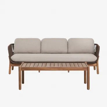 Tuinset Met 3-zitsbank En Rechthoekige Salontafel 120x60 Cm Van Acaciahout En Gevlochten Touw Karvia Acacia Bruin & Hazelnootbruin Doek - Sklum