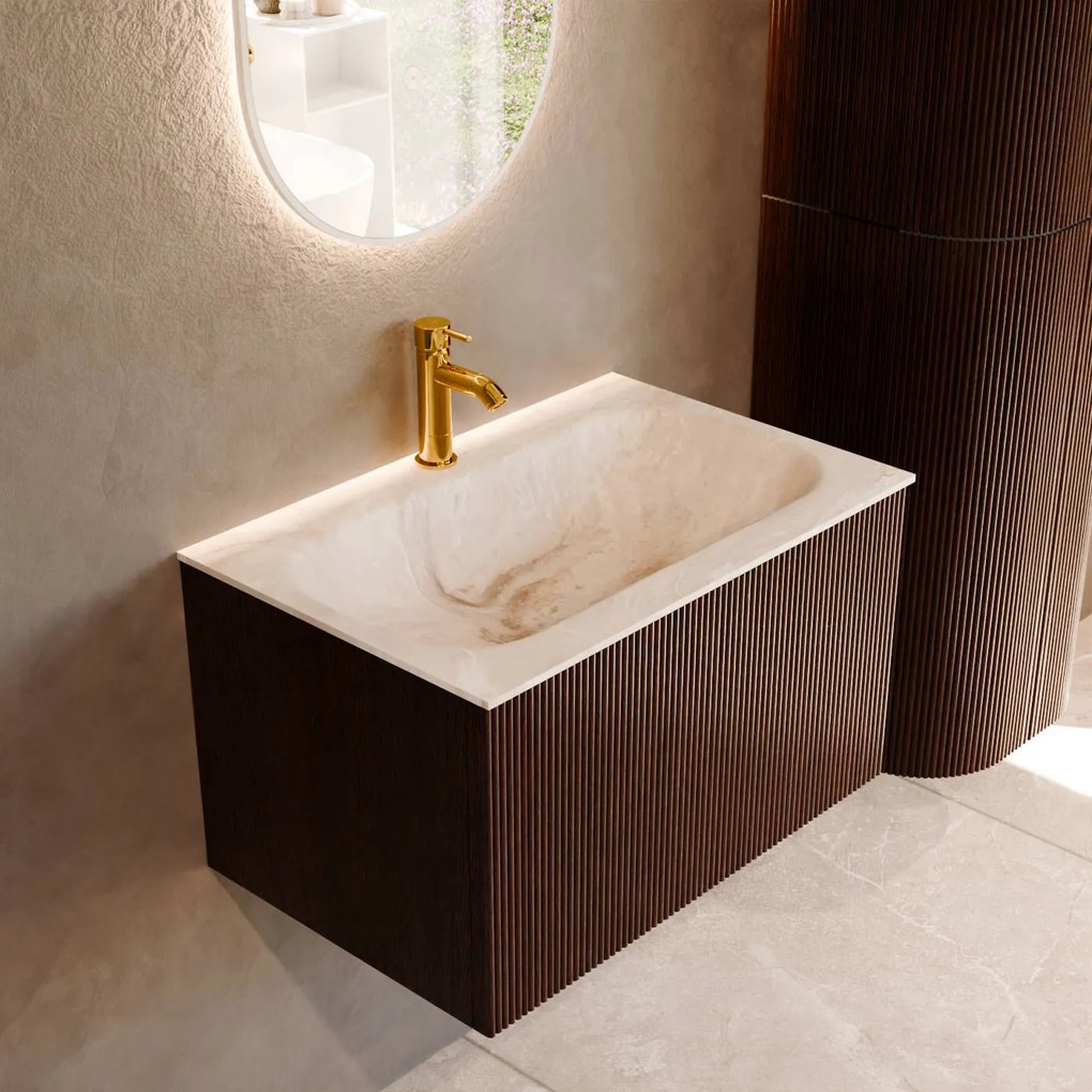 Mondiaz Kurve-dlux 70cm badmeubel ruby met 1 lade en wastafel big small midden 1 kraangat frappe