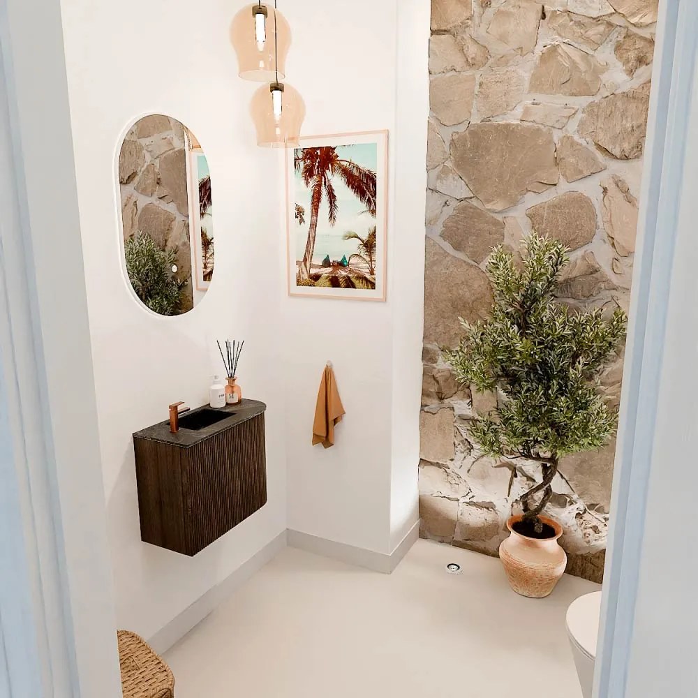 Mondiaz Joya DLux 50cm toiletmeubel ronding rechts walnut met wastafel faye links 1 kraangat lava