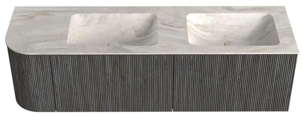 Mondiaz Kurve-dlux 155cm badmeubel ronding links shadow met 2 lades en 1 deur en wastafel leaf dubbel/rechts zonder kraangat ostra