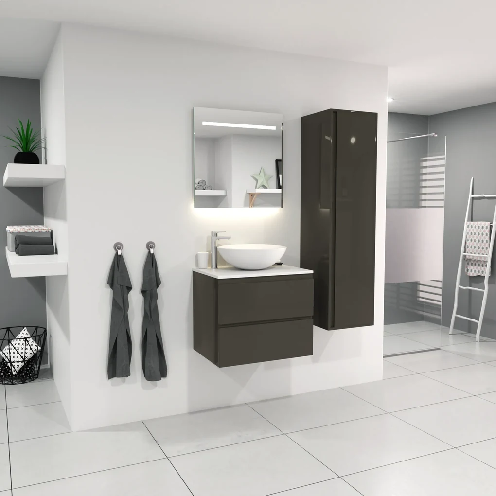 SaniGoods Sally badkamermeubel 60cm grijs glans met Solid Surface waskom rond