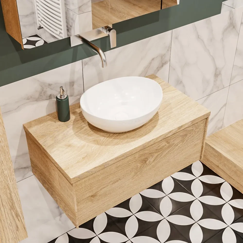 Lush onderkast met topblad 80cm in kleur WASHED OAK met 1 lades Push tot open geschikt voor gecentreerde wastafel. Met ovale keramische opzetkom met 0 kraangat(en) in het topblad
