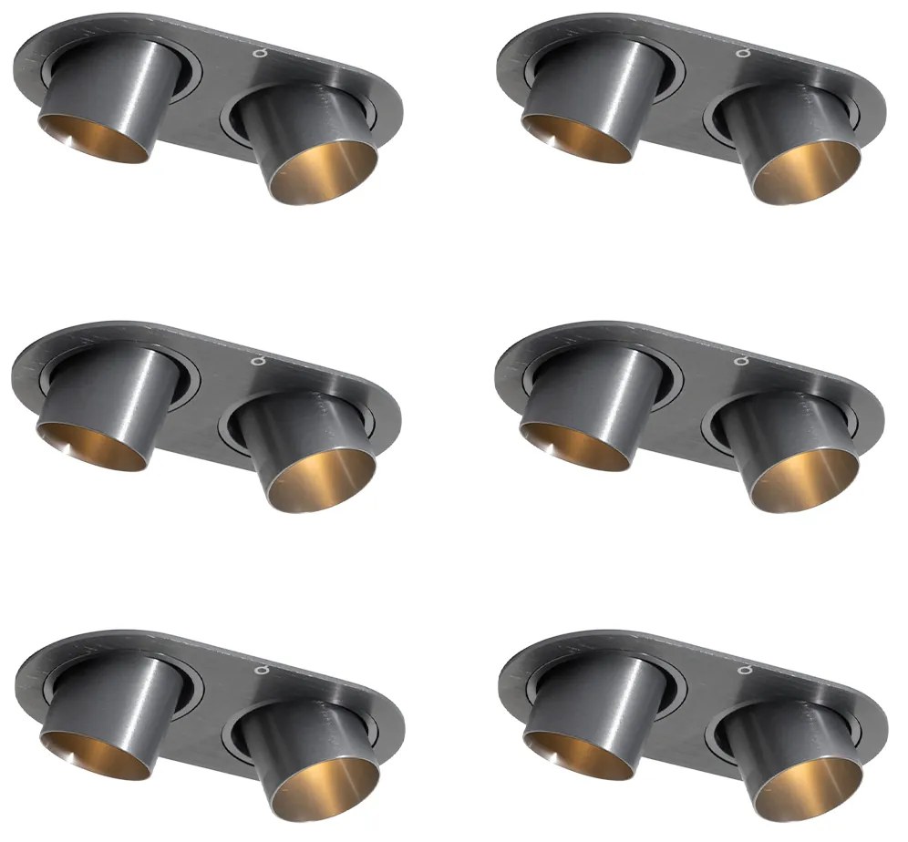 Set van 6 inbouwspots gunmetal GU10 35mm kantelbaar 2-lichts - Installa