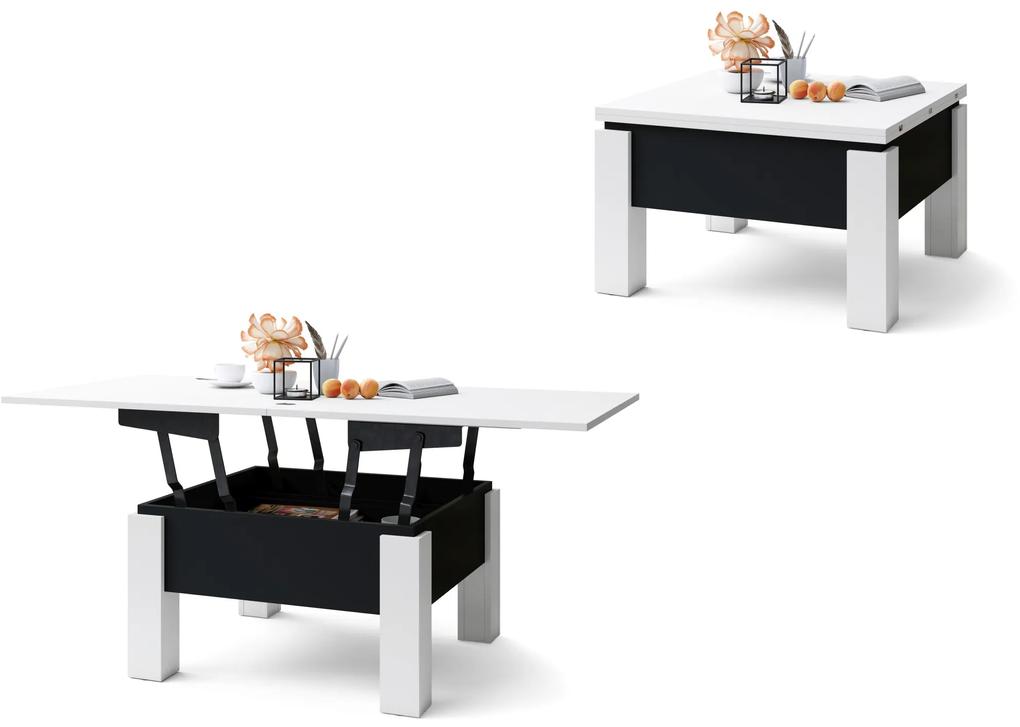 Mazzoni OSLO wit / zwart mat, uitklapbare salontafel met in hoogte verstelbaar blad