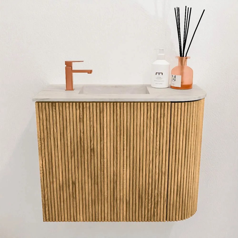 Mondiaz Joya DLux 50cm toiletmeubel ronding rechts oak met wastafel faye links 1 kraangat ostra