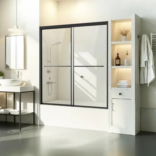 VEVOR Badkuip Douchedeur (1422-1524 x 1524 mm / B x H) Semi-frameloze schuifdeur voor bad, semi-frameloze bypass-baddeur met 1/4 inch breukvast gehard glas en roestvrijstalen handgreep